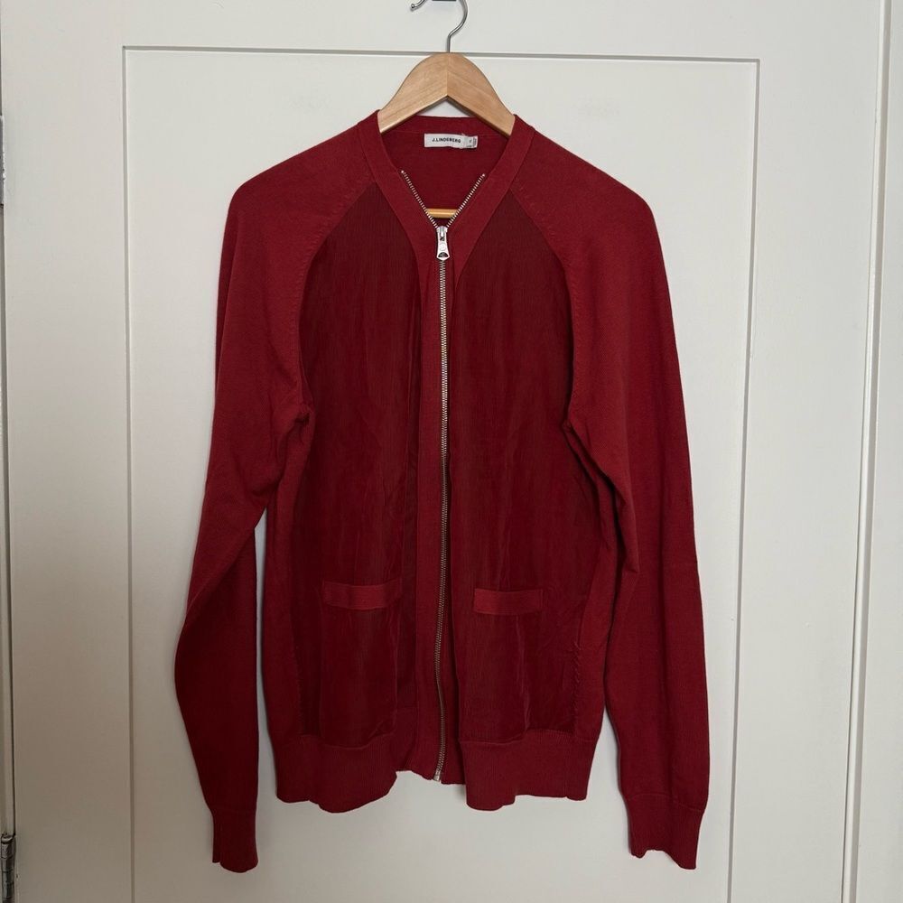 J Lindeberg Nathan Cardigan Mens Sz XL Red Knit Corduroy Full Zip Cotton Golf